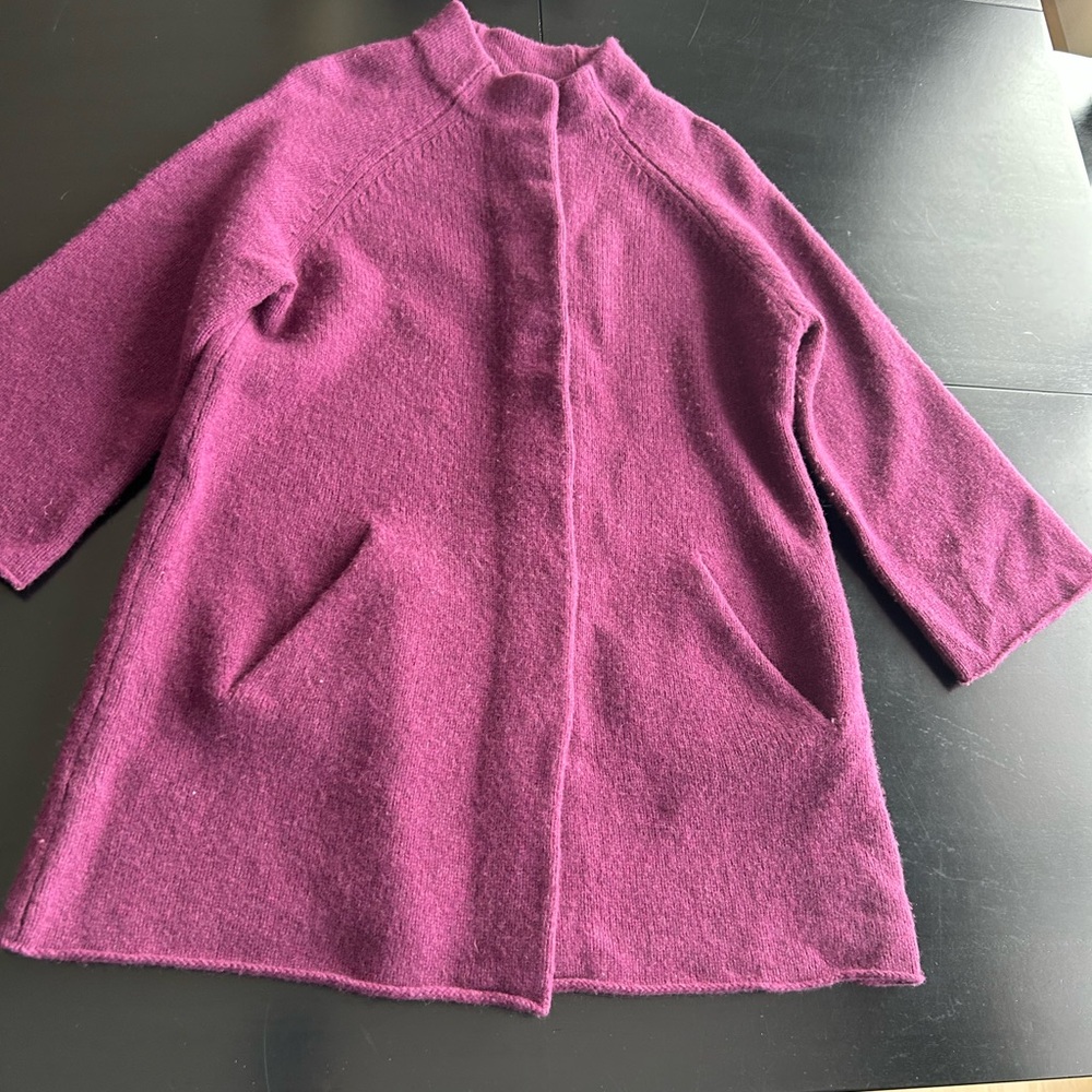 Eileen Fisher Womens PM 100% Wool Snaps Knit Coat 3/4 Sleeves Pocket